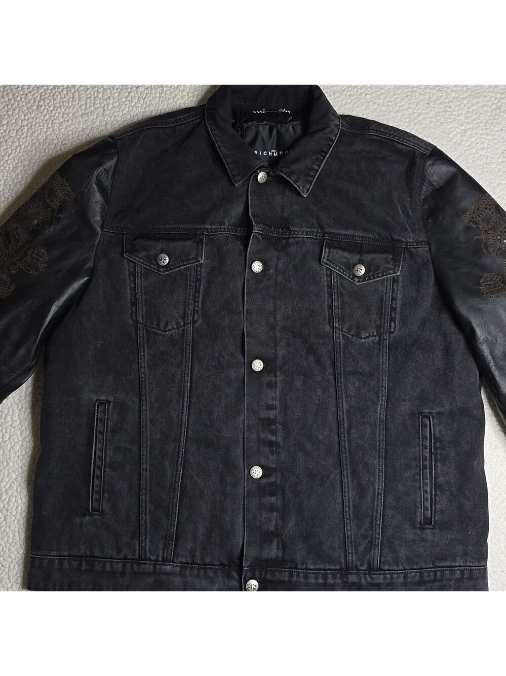 John Richmond - Denim and Laser Cut Leather Jacket in Black Large - Picture 3 of 16
